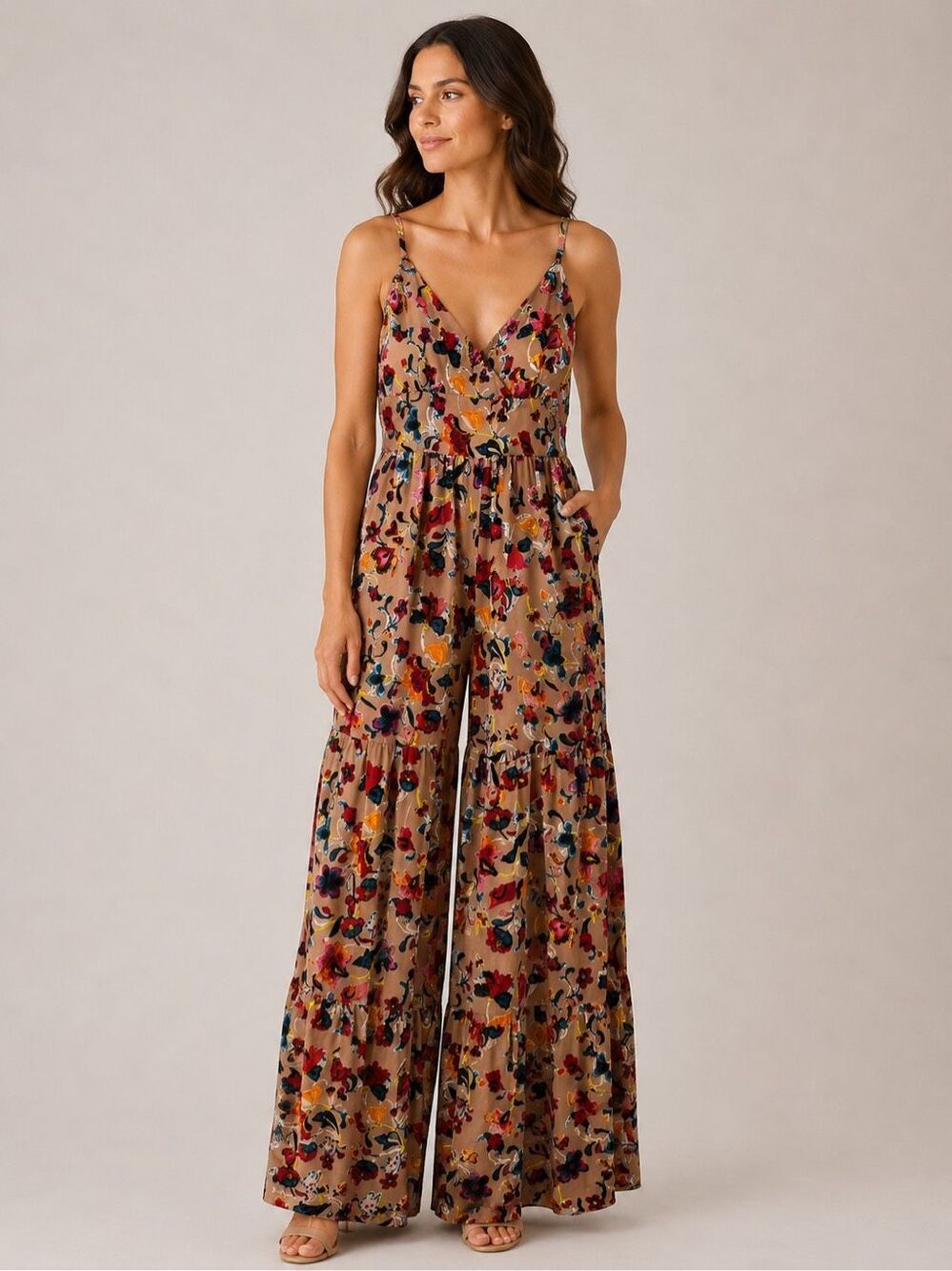 HUTCH Velvet Burnout Floral Jumpsuit Size 4 Colorful Anthropologie Wide Leg